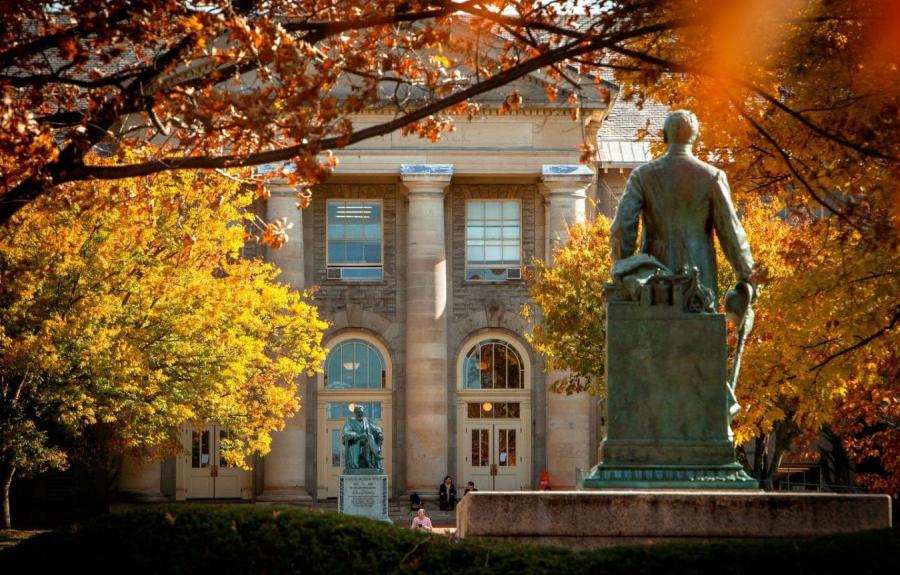 Looking across arts quad from Ezra Cornell statue